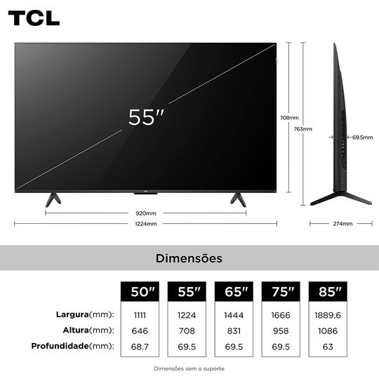 Smart TV 4K TCL Classic QLED 55 Polegadas com HDMI 2.1, Dolby Vision, Dolby Atmos e Wi-Fi Dual Band - 55P7K