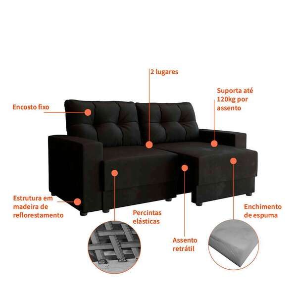 Sofá 2 Lugares Retrátil Lubeck Suede Preto 140 Cm